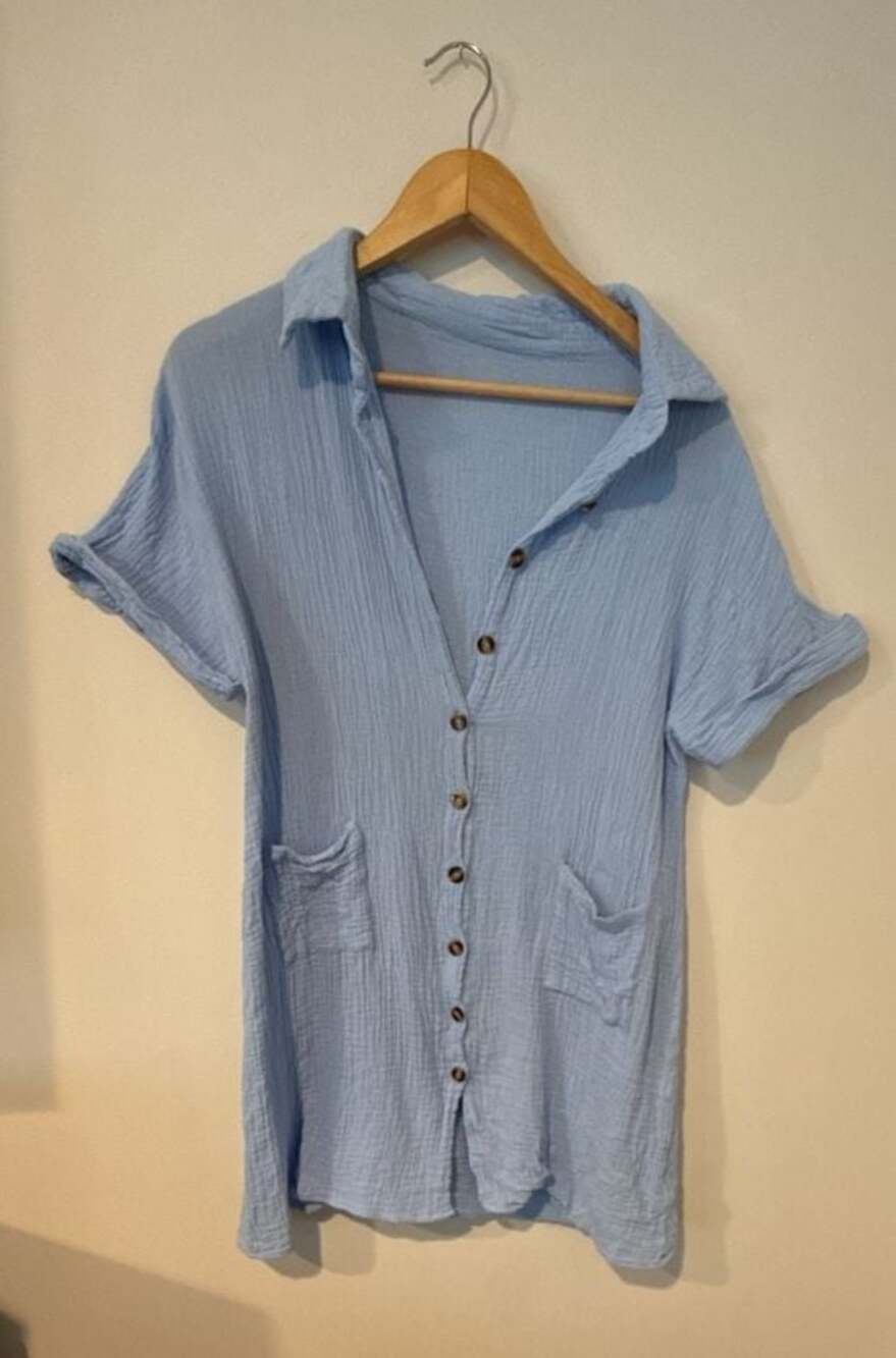 Women's Light Blue Double Gauze Short Sleeve Button Front Shirt Dress with Pocke